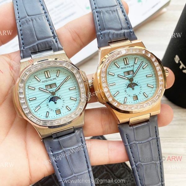 New Clone Patek Philippe Nautilus Annual Calendar Watch Baby Blue Face with Diamonds 6