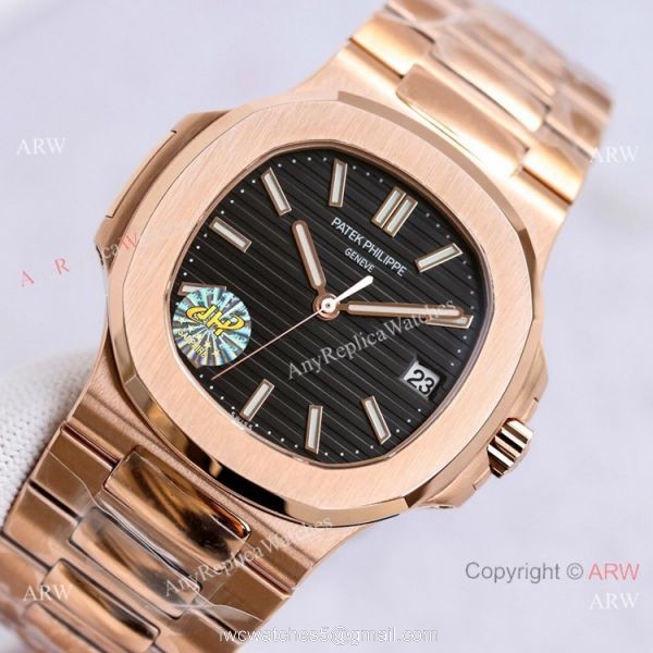 Swiss Copy Patek Philippe Rose Gold Black Dial Nautilus Watch PPF Cal.324 40mm 6