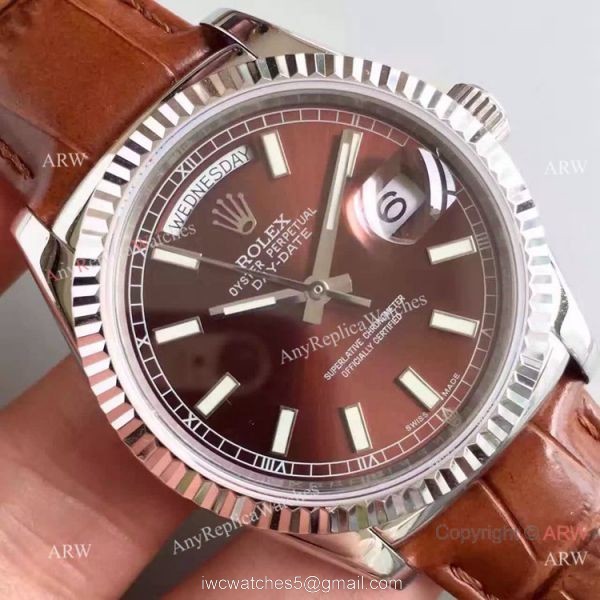 Swiss Coipy Rolex Day Date Oyster Watch Brown Dial Brown Leather Replica 7