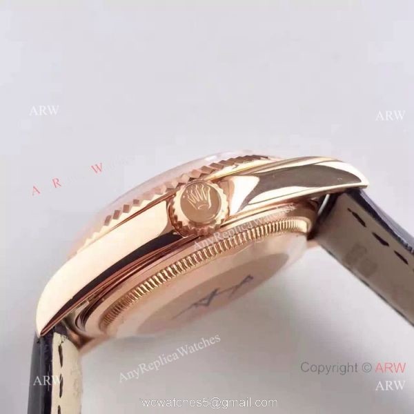 Swiss Copy Rolex Rose Gold Day Date Watch Silver Dial Black Leather Replica 7