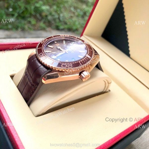 Replica Omega Seamaster Planet Ocean 600m Watch Rose Gold Brown Dial 7