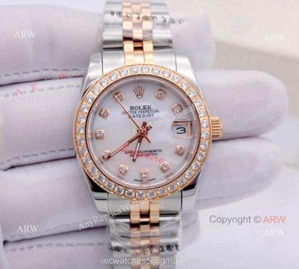 Copy Rolex Datejust Diamond Dial 2-Tone Rose Gold Jubilee White MOP Watch for Woman 31mm 7