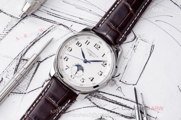 Swiss Grade 1 Longines Master Moon Phase Watch Brown Leather Strap 7