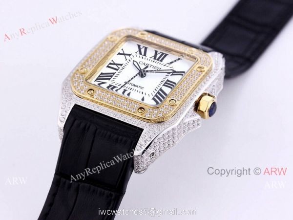 Iced Out Cartier Santos Watch Two Tone Case Automatic Movement 7