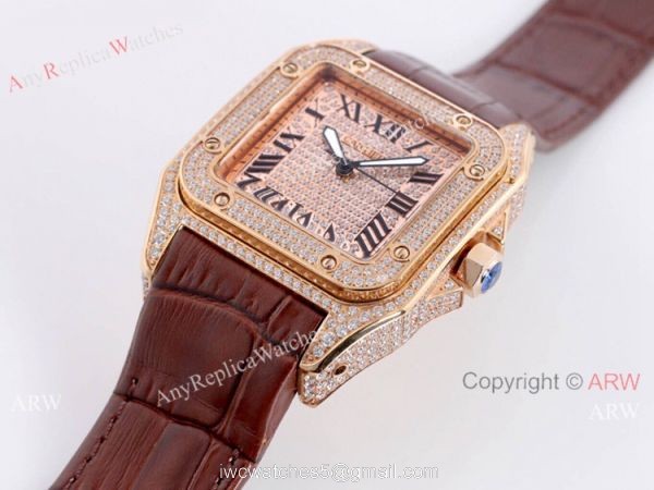 Iced Out Cartier Santos Diamond Watch Automatic Brown Leather Strap 7