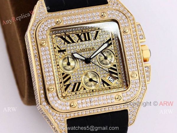 Knockoff Cartier Santos De Chronograph Iced Out Watch 45mm Men 7