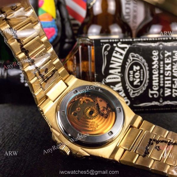 New Fake Patek Philippe Engraving Nautilus Silver Face Yellow Gold Watch For Sale 7