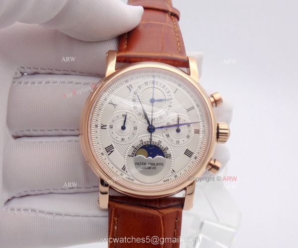 Rose Gold Patek Philippe Moon Phase Brown Leather Mens Replica Watch 7