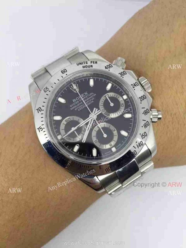 Replica Rolex Daytona Valjoux 7750 Watch Stainless Steel Black Dial Buy Swiss 7