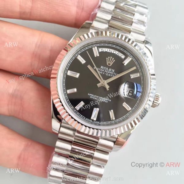 Rolex Day-Date II Watch Replica Stainless Steel Black Face Diamond Markers 7