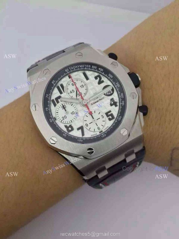 Swiss Audemars Piguet Pride of Mexico Replica Watch SS White Chronograph Black Leather 7