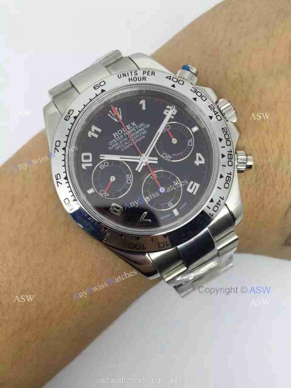 Copy Swiss Rolex Daytona Valjoux 7750 Watch SS Black Arabic 7