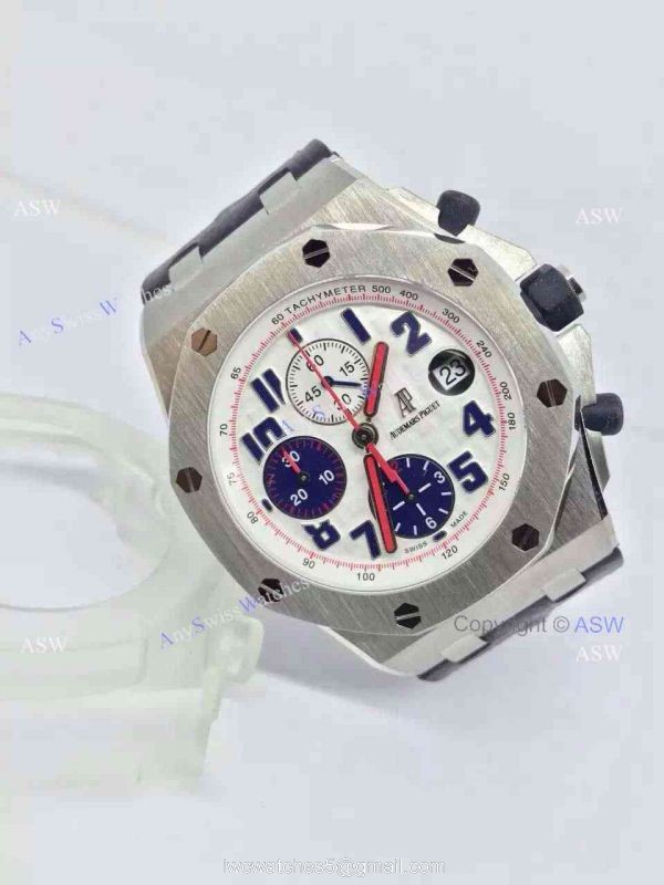 Swiss Audemars Piguet White &038; Blue Chronograph Black Leather Watch 7