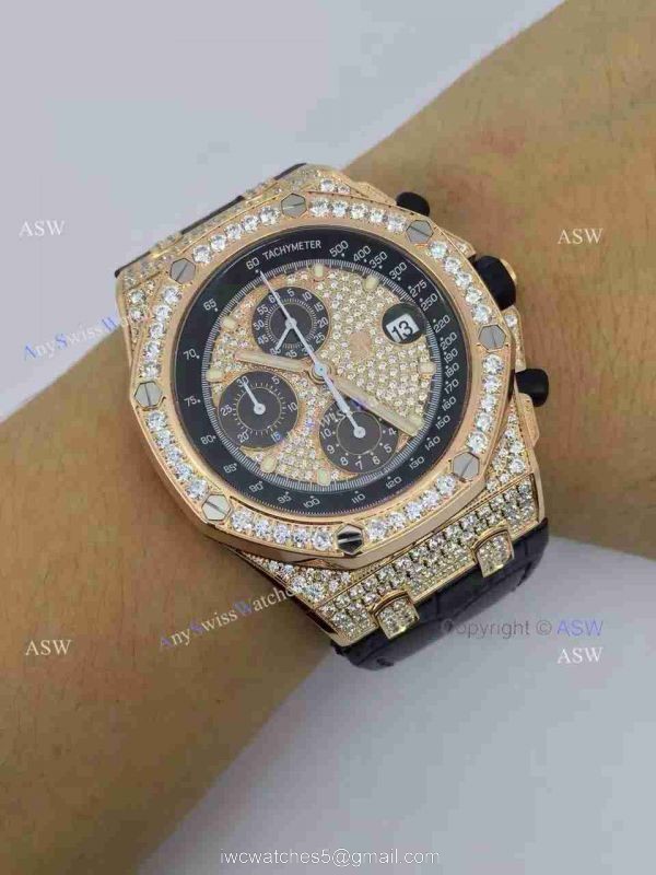 Replica Audemars Piguet Watch Rose Gold Case diamond dial diamond bezel Black Leather 7