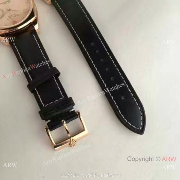 Swiss Replica Rolex Cellini Danaos Replica Watch Rose Gold Black Leather Strap 7