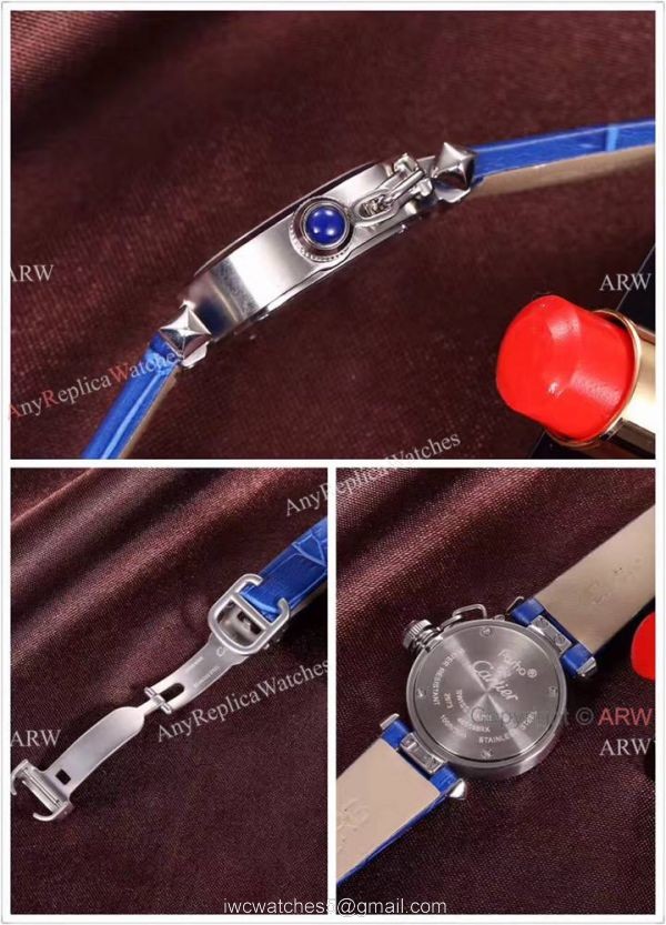 Best AAA Cartier Pasha Copy Watch SS Blue Dial Blue Leather 28mm 7