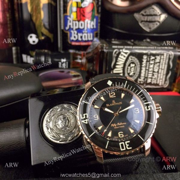 Swiss Quality Blancpain Fifty Fathoms Automatic Mens Watch Rose Gold Black Dial 7