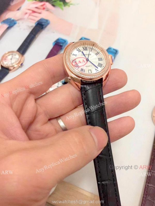 Fake Cle de Cartier Roman Dial Rose Gold Diamond watch Women Size 7