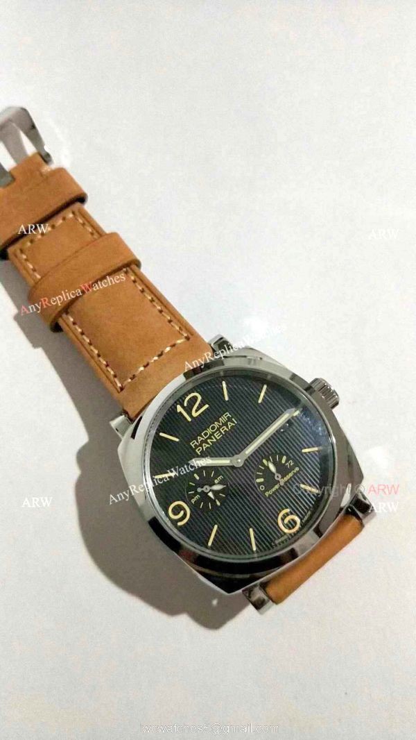 Copy Panerai Radiomir Power Reserve Watch SS Black Stripe Dial with Brown Leather Band 7