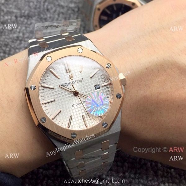 Newest Fake Audemars Piguet Royal Oak Watch Two Tone Rose Gold Silver Dial 7