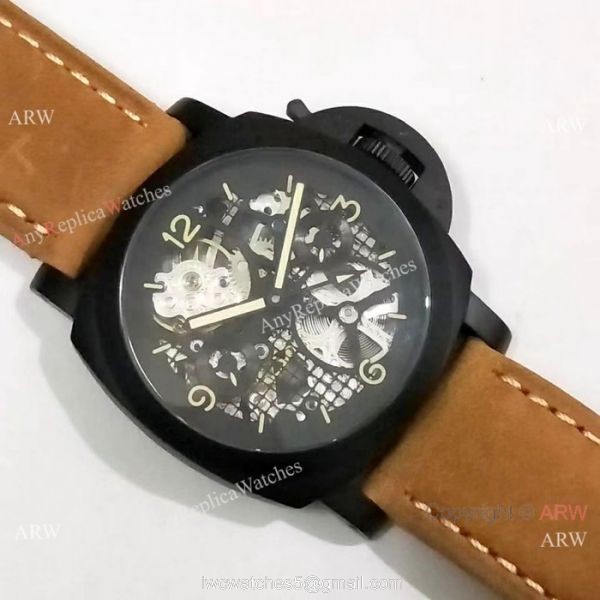 Best Quality Panerai Black Hollow Watch 47mm Brown Leather Strap 7