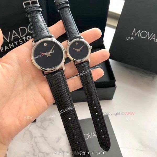 New Replica MOVADO Quartz Lovers Watch SS Black Leather Strap 7