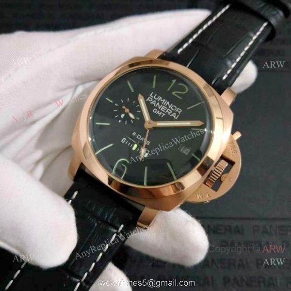 New Replica Panerai Luminor GMT power reserve Watch Rose Gold Green Markers 7