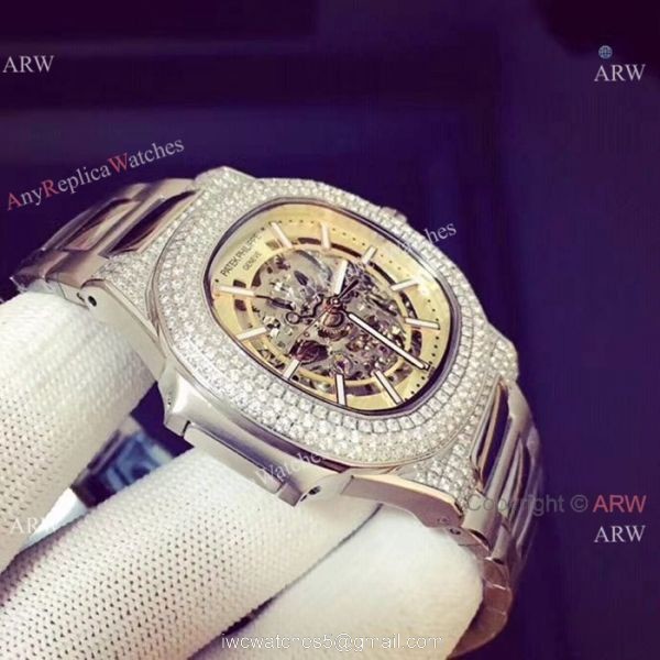 Copy Patek Philippe Nautilus Ice Out Watch Stainless Steel White Hollow 7
