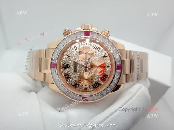 Fake Rolex with Diamond Bezel Daytona Rose Gold Diamond Face Watch 7