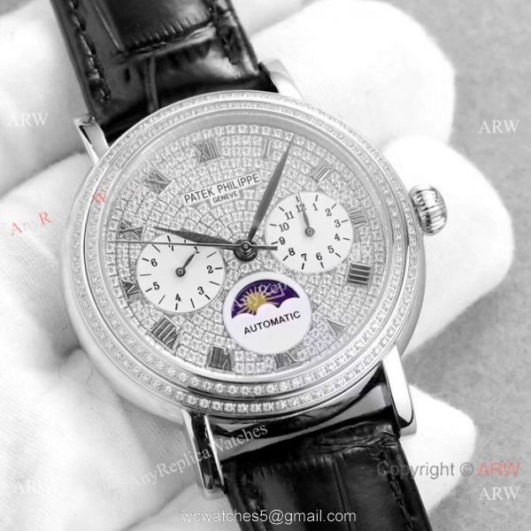 Fake Patek Philippe Complications SS Diamond dial Watch Swiss 9100 7