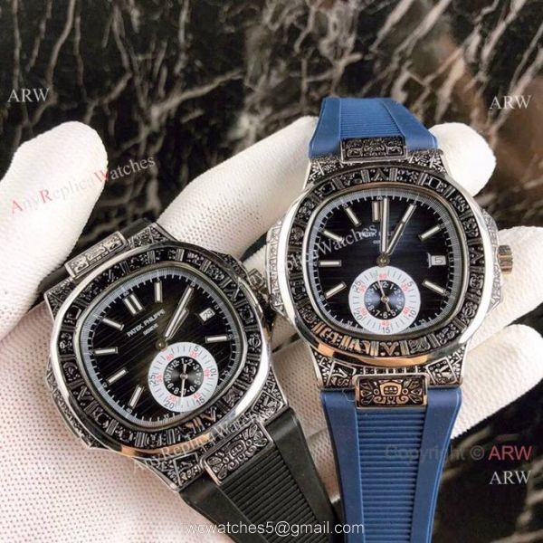 Fake Patek Philippe Engraving Nautilus Blue Rubber Strap Blue Dial 7