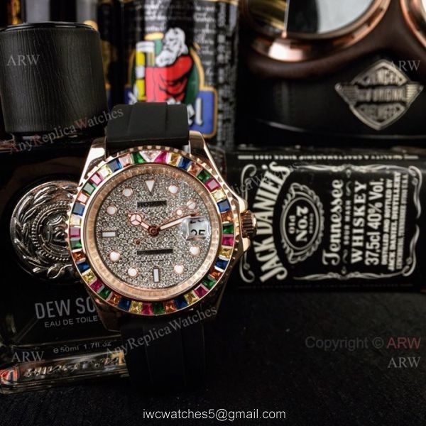 Rolex Yachtmaster Rose Gold Replica Watch Diamond Pave Dial Rainbow Bezel 116695 7