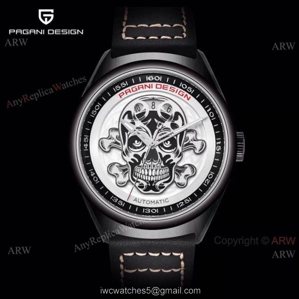 Pagani Design PVD Black Steel Watch White Skull Face 7