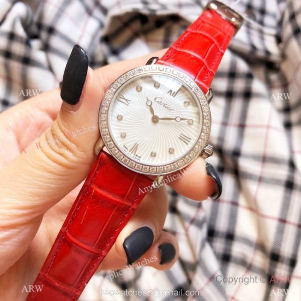 Japan Grade Replica Cartier SS Gray Leather Strap Watch 7