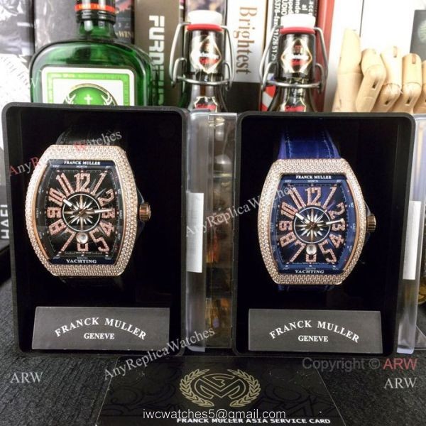 Swiss Copy Franck Muller Iced Out Rose Gold Blue Dial Watch Vanguard Yachting V45 Collection 7