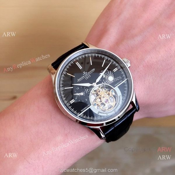 Fake Jaeger LeCoultre Master Tourbillon Moonphase Watch Black Leather Band 7