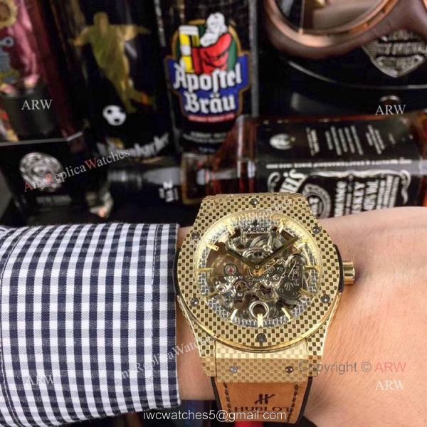 Copy Hublot Classic Fusion Watches Skeleton Dial Black Rubber Strap 7