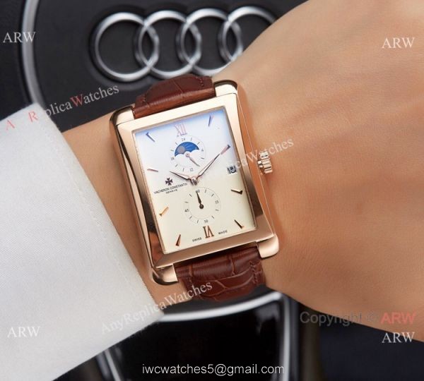 Clone Vacheron Constantin Moonphase Watch Rose Gold Brown Leather Strap 7