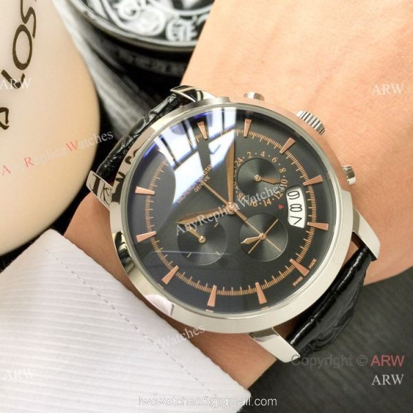 Best Copy Vacheron Constantin Chronograph Watch Silver Dial Black Leather strap 7