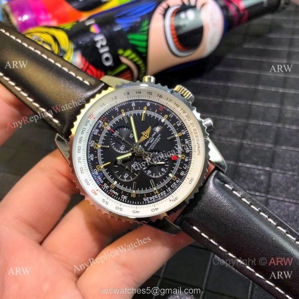 Copy Breitling Navitimer world GMT Chrono Watch Blue Dial Blue Leather Strap 7