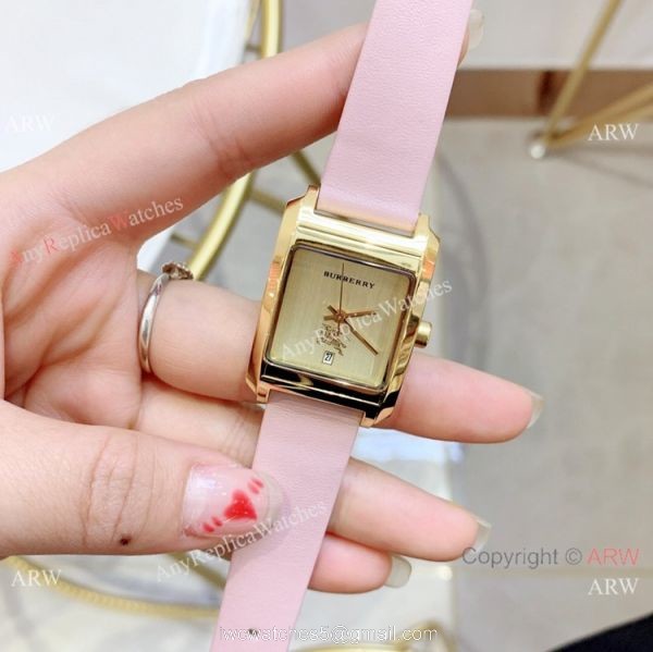 Copy Burberry 25mm women Watches Gold Case Black Leather Band 7