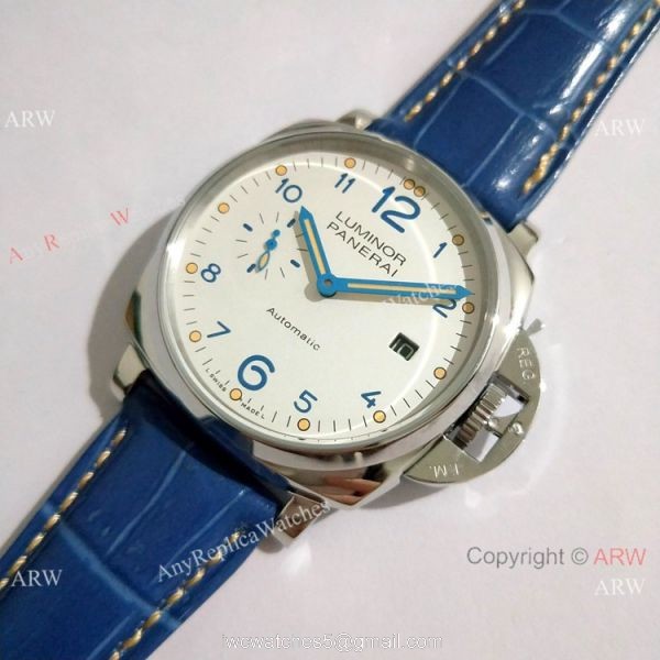 Copy Panerai Luminor Due PAM906 42mm Watch SS Blue Leather Strap 7