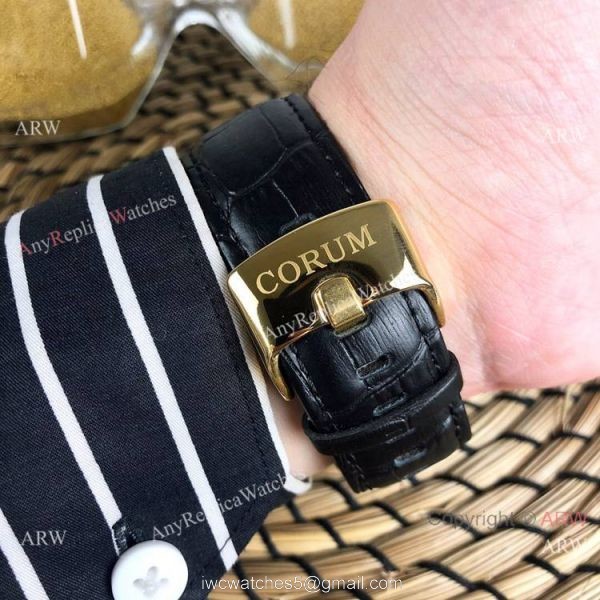 Replica Bubble Corum Watch Diamond Bezel Gold Case Silver Chronograph Dial 7