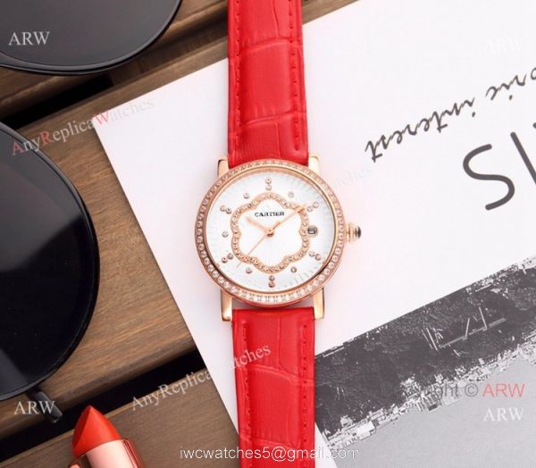 Copy Cartier Red Leather Strap Rose Gold Diamond Quartz Watch 35mm 7