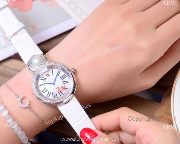 High Quality Copy Cartier Women watches Rose Gold Blue Leather Strap 7