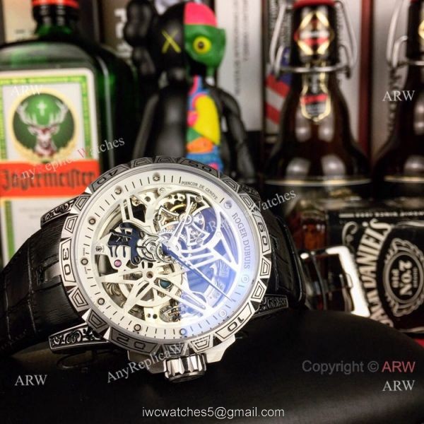 Copy Roger Dubuis Excalibur 46 Skeleton Men Watch SS Black Leather Strap 7