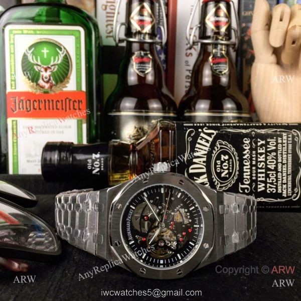 Audemars Piguet Royal Oak Stainless Steel Black Dial Fake AP Skeleton Watch 7