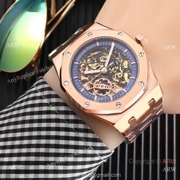 High Quality Fake AP Skeleton Royal Oak Rose Gold Black Dial Watch 7