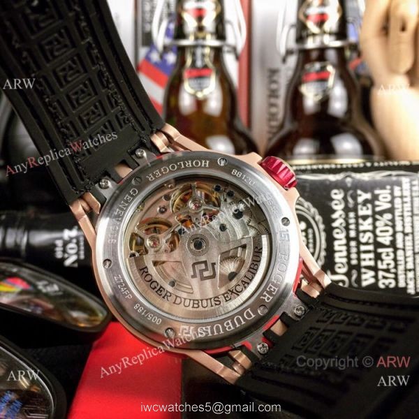 Best Replica Roger Dubuis Excalibur Double Tourbillon Watch Rose Gold Skeleton Face 7