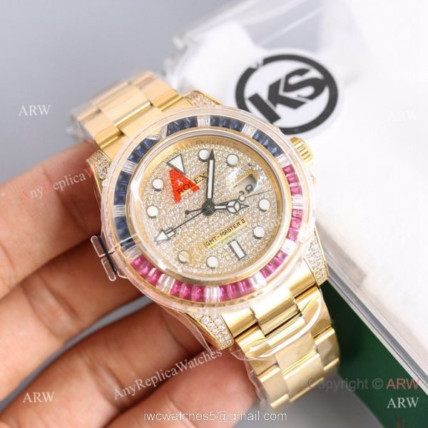 Swiss Grade 1 Replica Rolex GMT Master 2 Rainbow Yellow Gold Watch KSF Eta2836 7